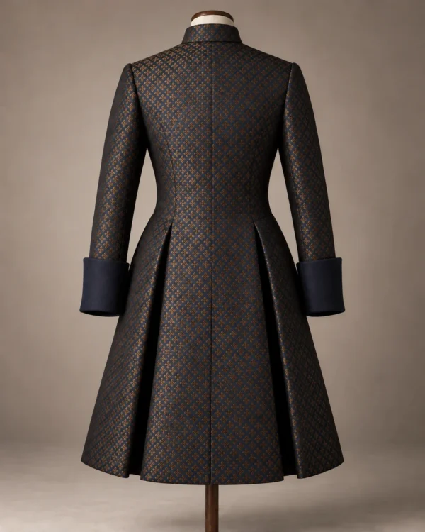 Valewick Brocade Riding Coat in Navy and Gold, back view
