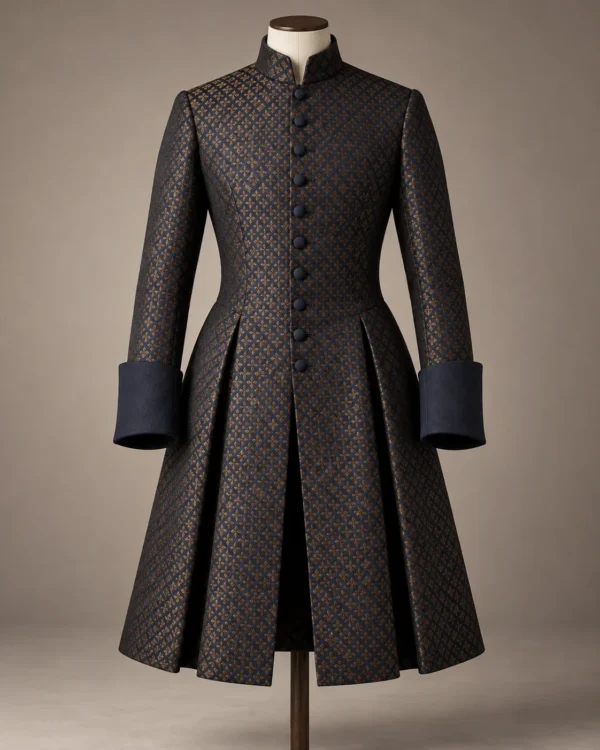 Valewick Brocade Riding Coat in Navy and Gold, front view