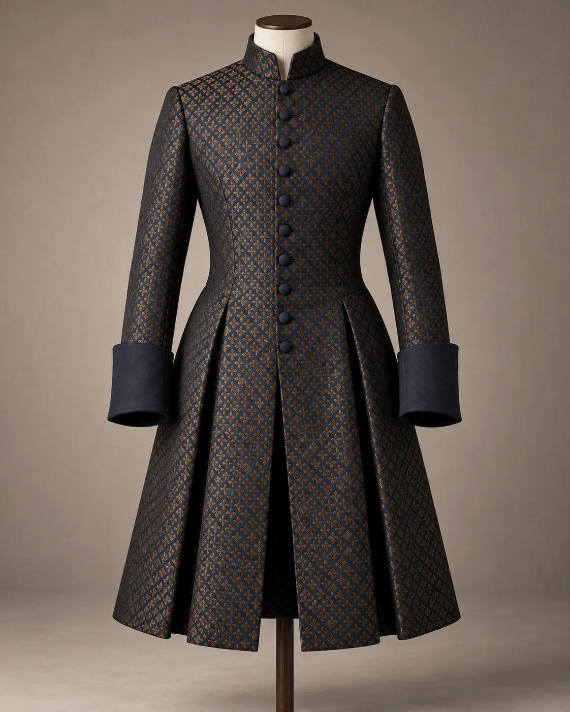 Valewick Brocade Riding Coat – Navy and Gold front Valewick Brocade Riding Coat in Navy and Gold, front view