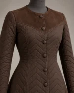 Vesper Chevron-Quilted Fitted Coat in Walnut Brown, detail view