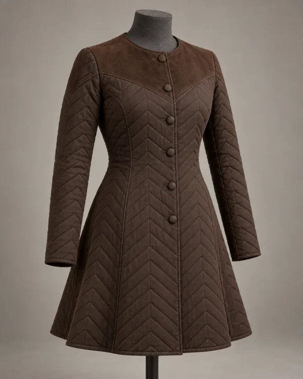 Vesper Chevron-Quilted Fitted Coat in Walnut Brown, front view