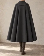 Vesper Fold-Collar Scholar Cloak in Charcoal, rear view showing shoulder construction and drape