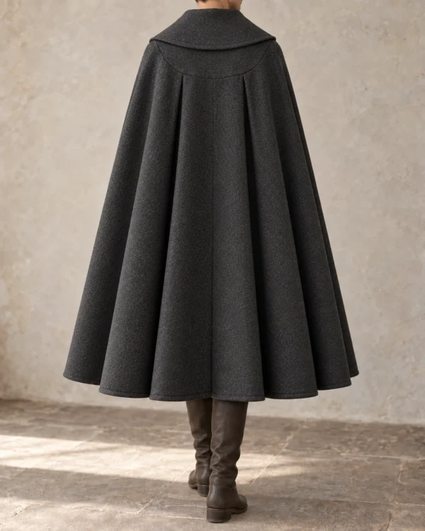 Vesper Fold-Collar Scholar Cloak in Charcoal, rear view showing shoulder construction and drape