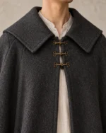 Vesper Fold-Collar Scholar Cloak in Charcoal, close-up of collar, cloth and closure construction