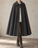Vesper Fold-Collar Scholar Cloak in Charcoal, front view showing collar and full drape