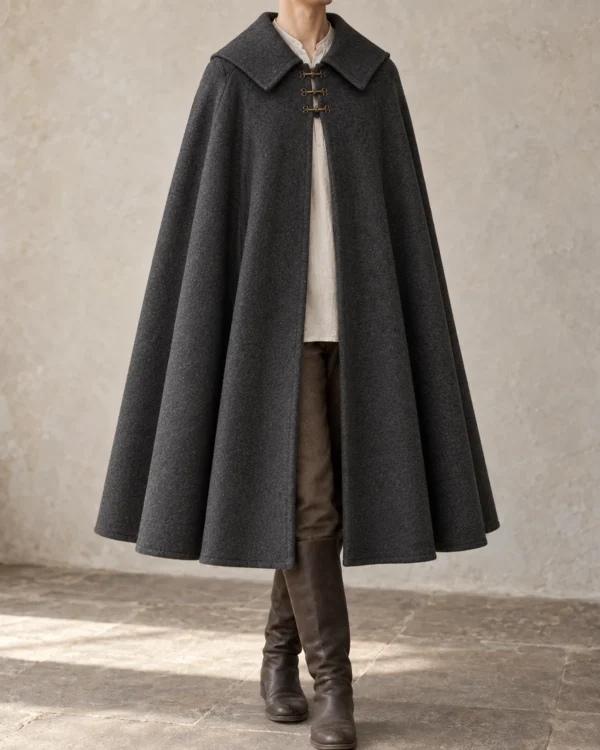 Vesper Fold-Collar Scholar Cloak in Charcoal, front view showing collar and full drape