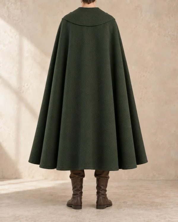 Waycross Cross-Band Campaign Cloak in Moss Green, rear view showing shoulder construction and drape