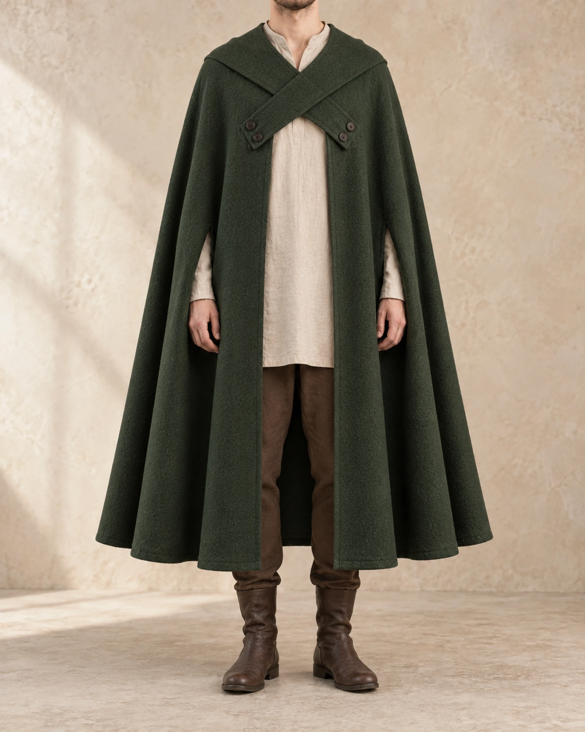 Waycross Cross-Band Campaign Cloak - Moss Green, front view Waycross Moss Green cross-band cloak, front view with crossed chest bands and open lower front