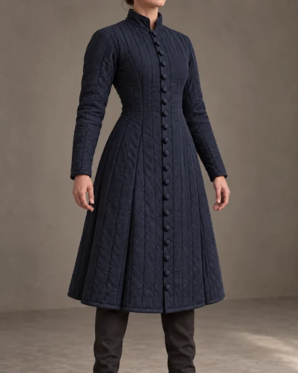 Ysoria longline fitted gambeson in Midnight Navy, front three-quarter view